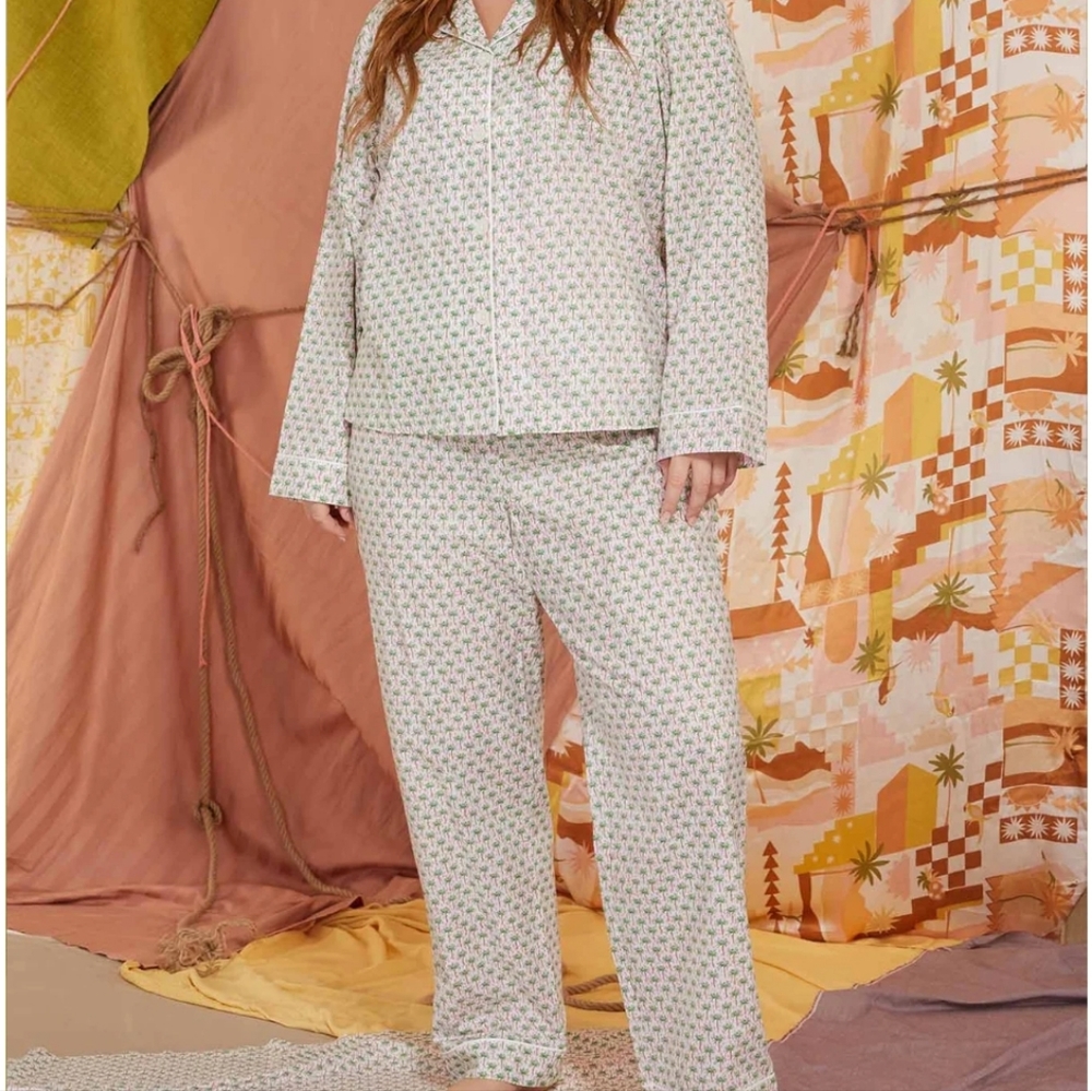 BEDHEAD PALM GEO LONG SLEEVE CLASSIC WOVEN COTTON POPLIN PJ SET SZ 3X
